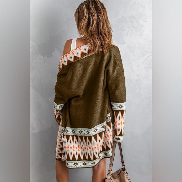 Geo Print Open Front Long Turtleneck Knitted Cardigan brown - Picture 2 of 11